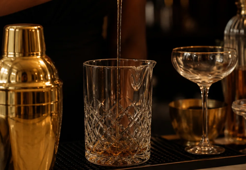 Elegant gold bar tools and crystal glassware