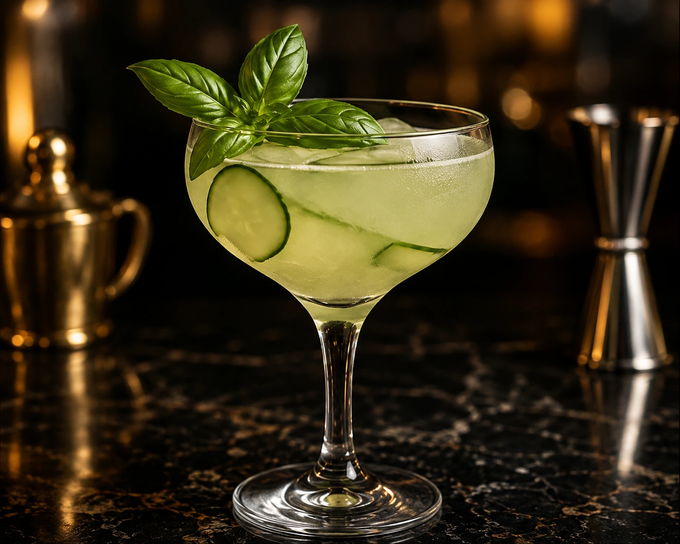 Garden After Dark signature cocktail with cucumber and basil